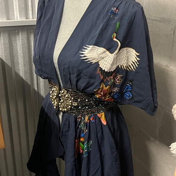 Meghan LA Tops - Meghan LA Dark Blue Kimono with Crane and Beaded Belt
